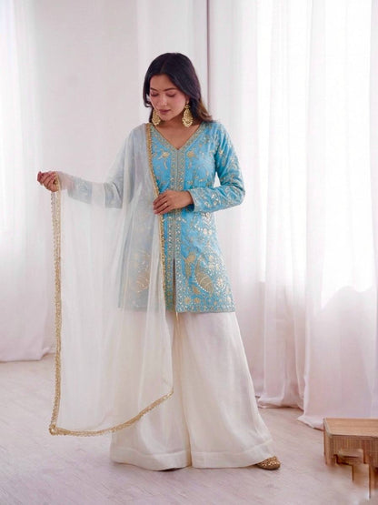 Wedding Wear Fendy Silk Arti Chauhan Wear Palazzo Suit Set