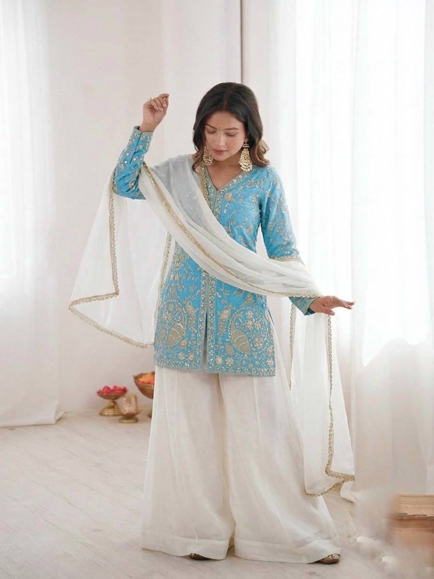 Wedding Wear Fendy Silk Arti Chauhan Wear Palazzo Suit Set
