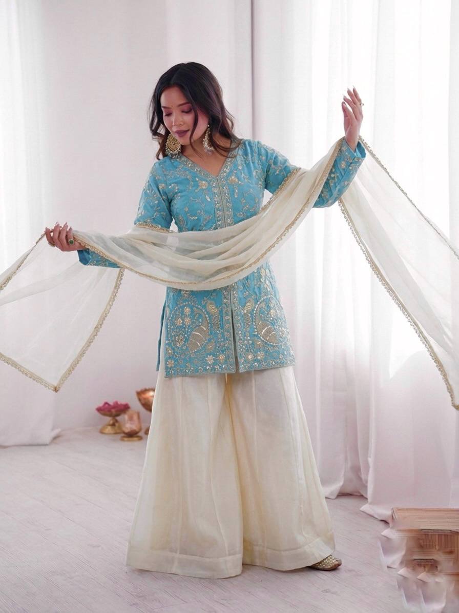 Wedding Wear Fendy Silk Arti Chauhan Wear Palazzo Suit Set
