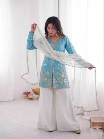Wedding Wear Fendy Silk Arti Chauhan Wear Palazzo Suit Set