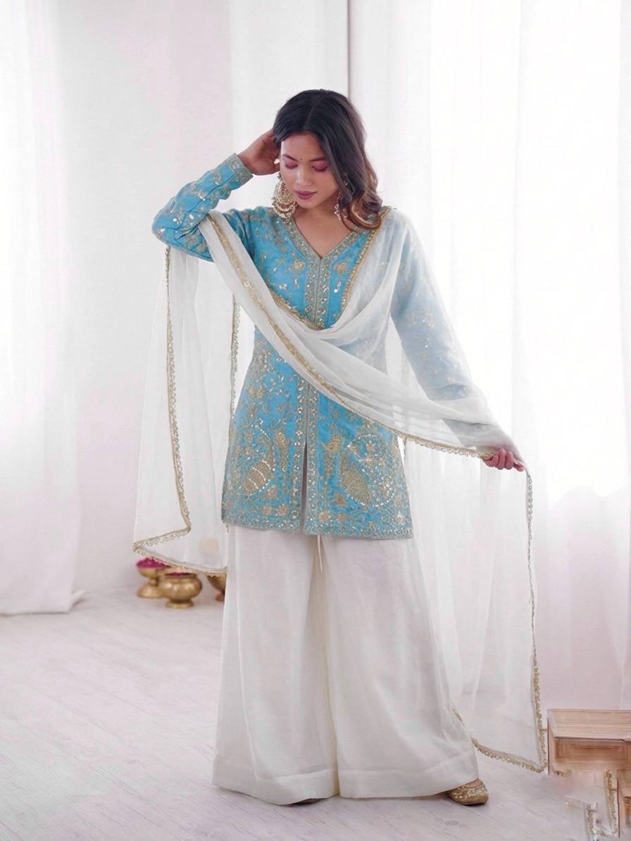 Wedding Wear Fendy Silk Arti Chauhan Wear Palazzo Suit Set