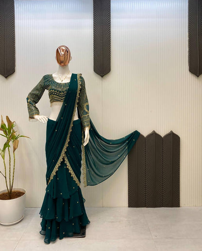 Wedding Wear Teal Green Color Georgette Sequence Embroidery Work Fully Stitch Ready To Wear Saree