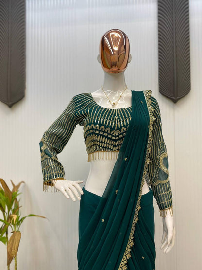 Wedding Wear Teal Green Color Georgette Sequence Embroidery Work Fully Stitch Ready To Wear Saree