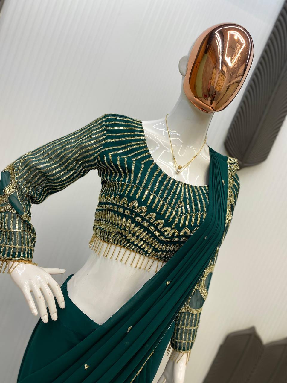 Wedding Wear Teal Green Color Georgette Sequence Embroidery Work Fully Stitch Ready To Wear Saree