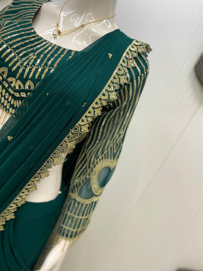 Wedding Wear Teal Green Color Georgette Sequence Embroidery Work Fully Stitch Ready To Wear Saree