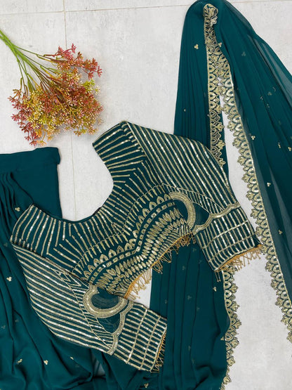 Wedding Wear Teal Green Color Georgette Sequence Embroidery Work Fully Stitch Ready To Wear Saree