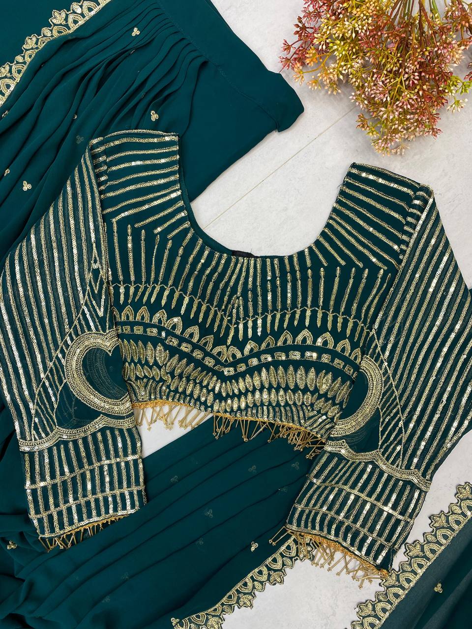 Wedding Wear Teal Green Color Georgette Sequence Embroidery Work Fully Stitch Ready To Wear Saree