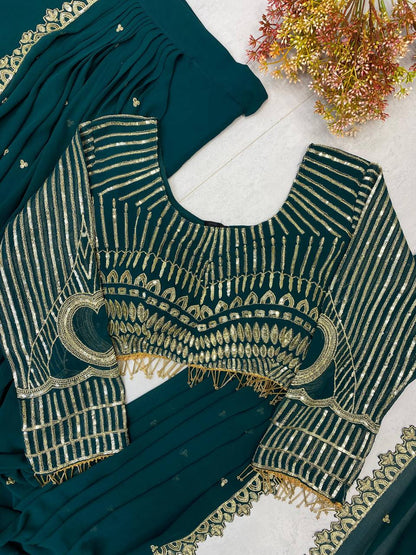 Wedding Wear Teal Green Color Georgette Sequence Embroidery Work Fully Stitch Ready To Wear Saree