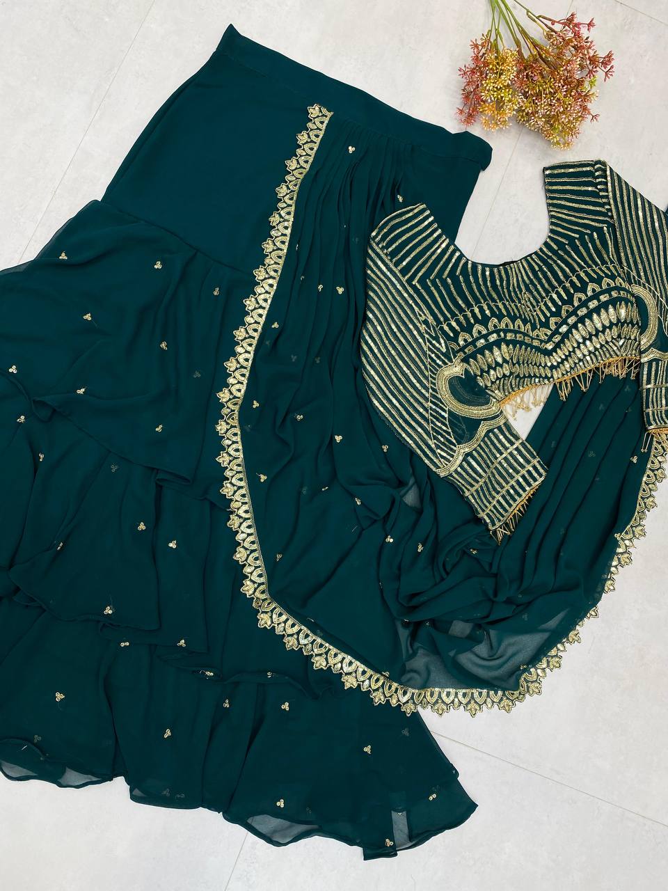 Wedding Wear Teal Green Color Georgette Sequence Embroidery Work Fully Stitch Ready To Wear Saree