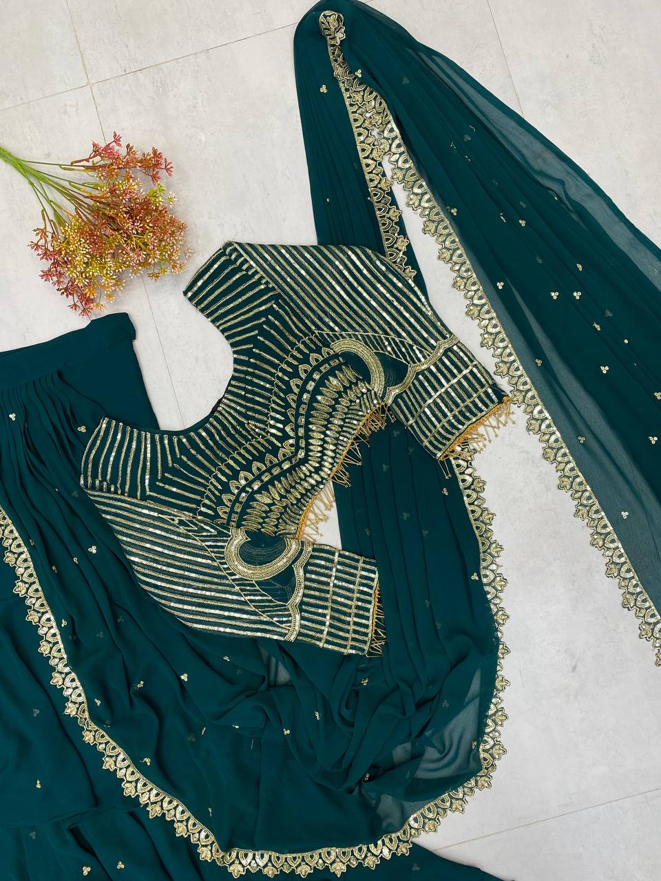 Wedding Wear Teal Green Color Georgette Sequence Embroidery Work Fully Stitch Ready To Wear Saree