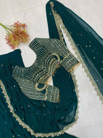 Wedding Wear Teal Green Color Georgette Sequence Embroidery Work Fully Stitch Ready To Wear Saree