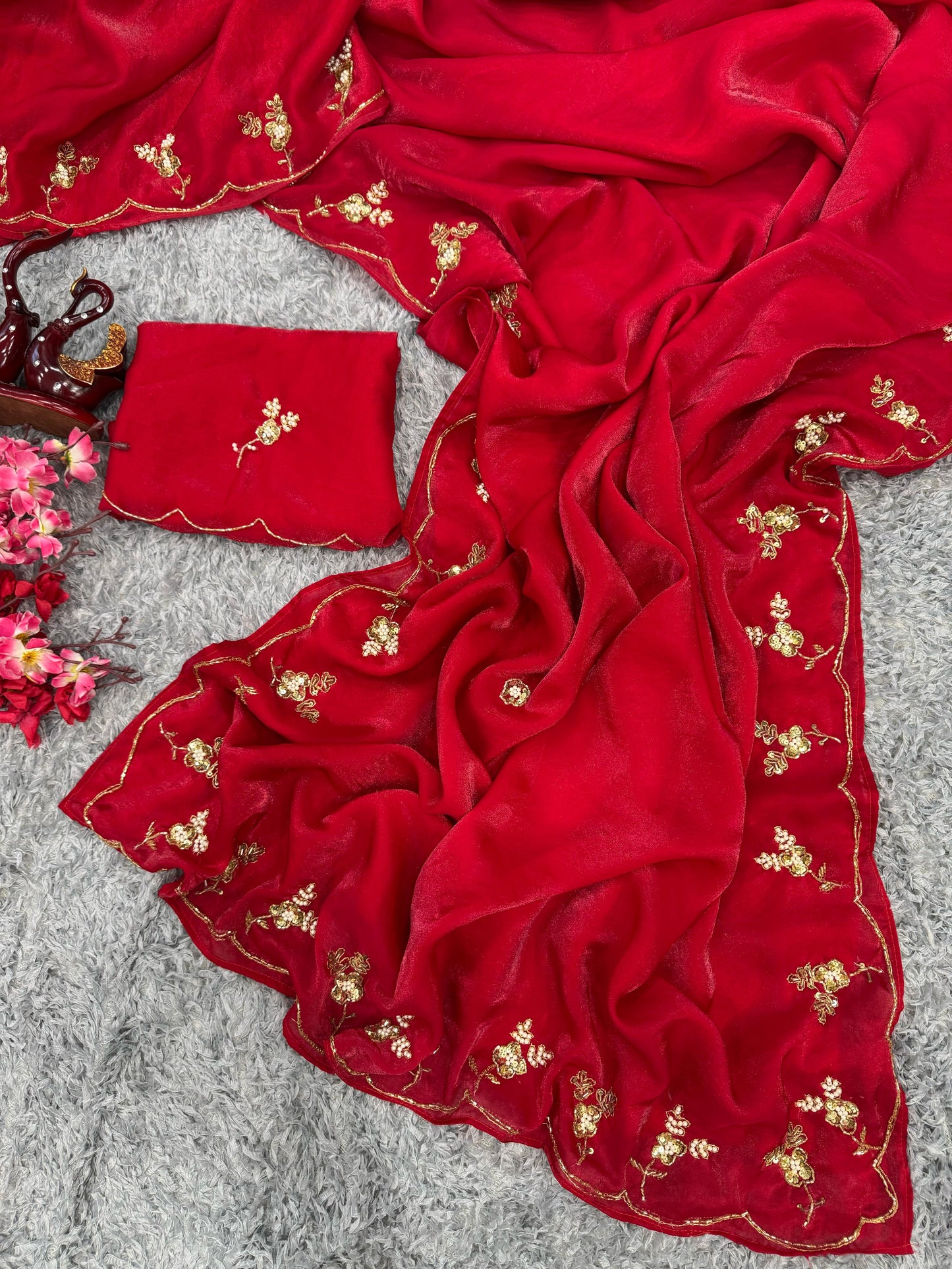 Stunning Sequins Handwork Red Color Saree