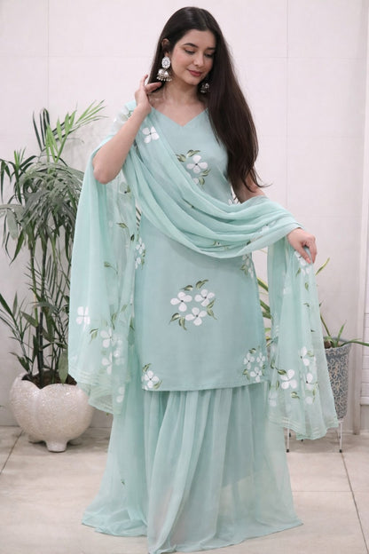Embellished Light Green Color Pure Georgette Handpainted Sharara Suit