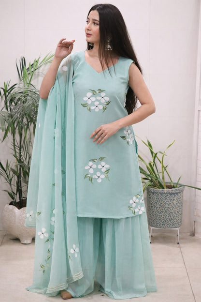 Embellished Light Green Color Pure Georgette Handpainted Sharara Suit
