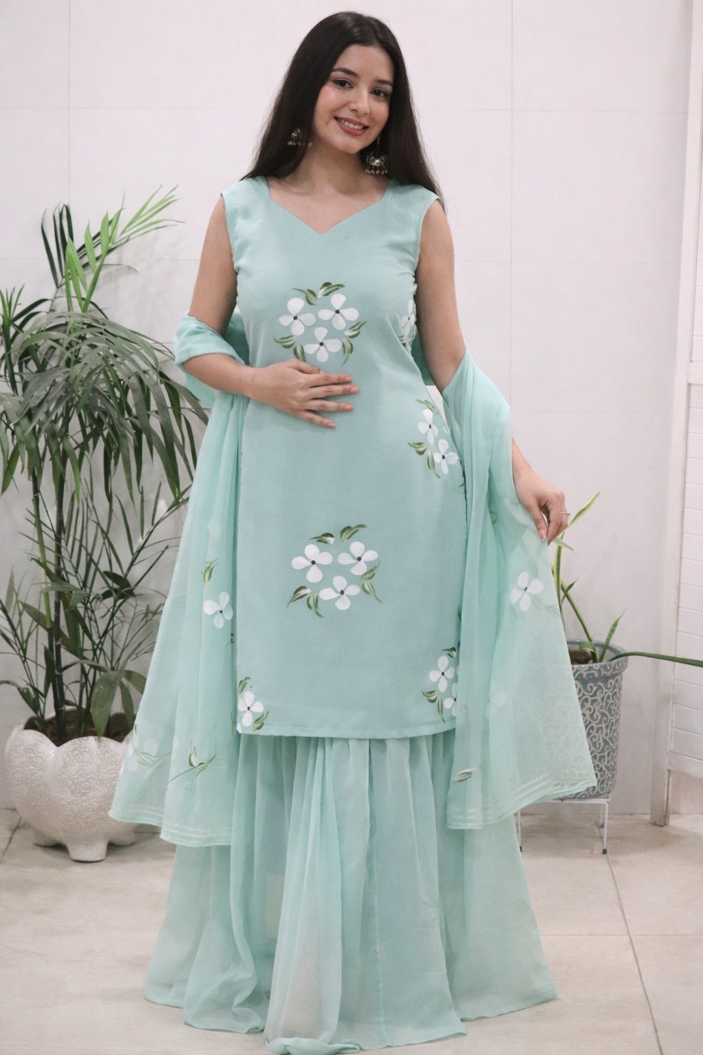 Embellished Light Green Color Pure Georgette Handpainted Sharara Suit