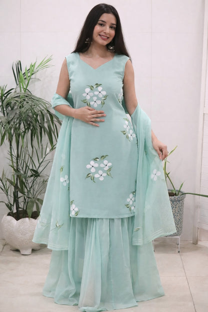 Embellished Light Green Color Pure Georgette Handpainted Sharara Suit