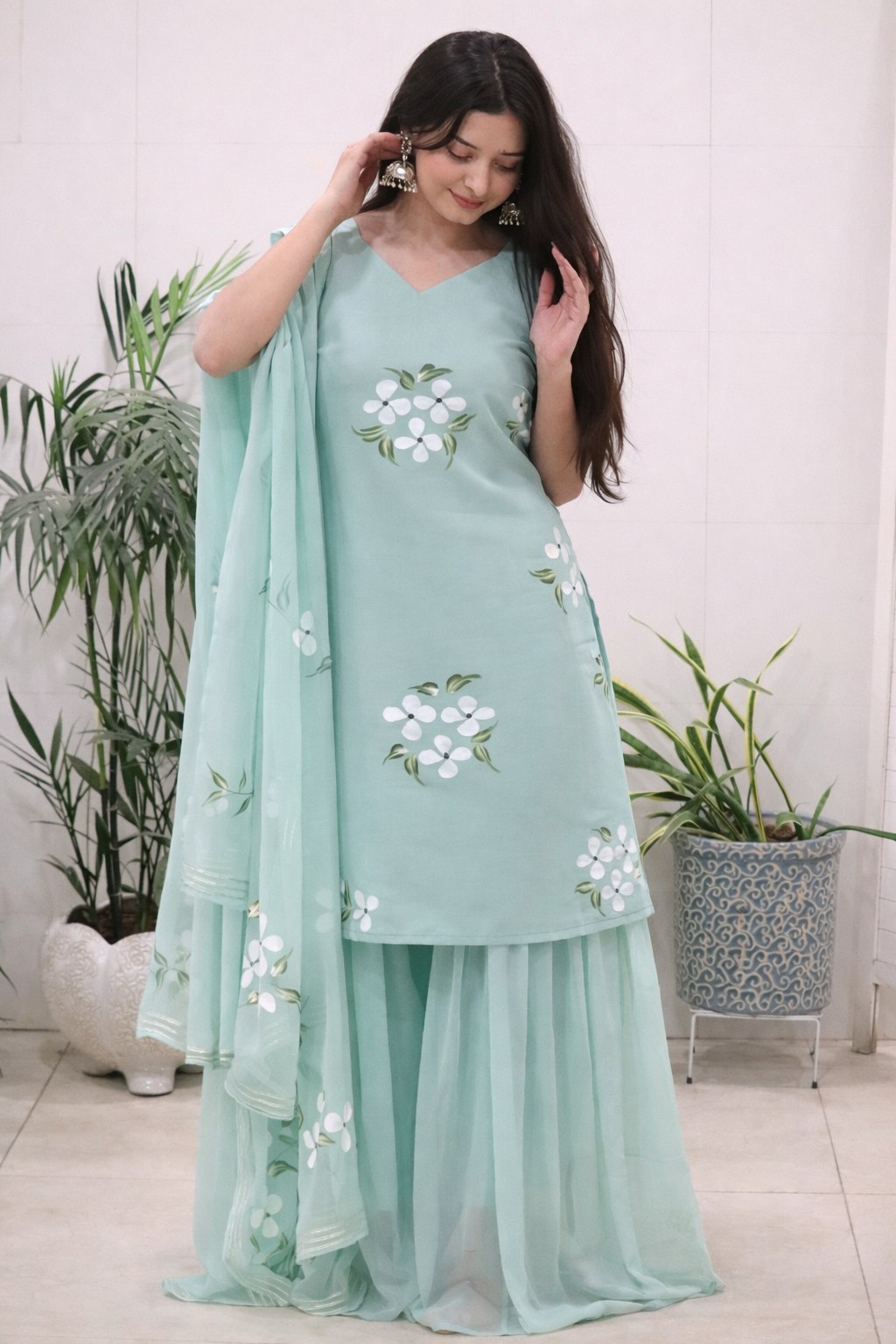 Embellished Light Green Color Pure Georgette Handpainted Sharara Suit