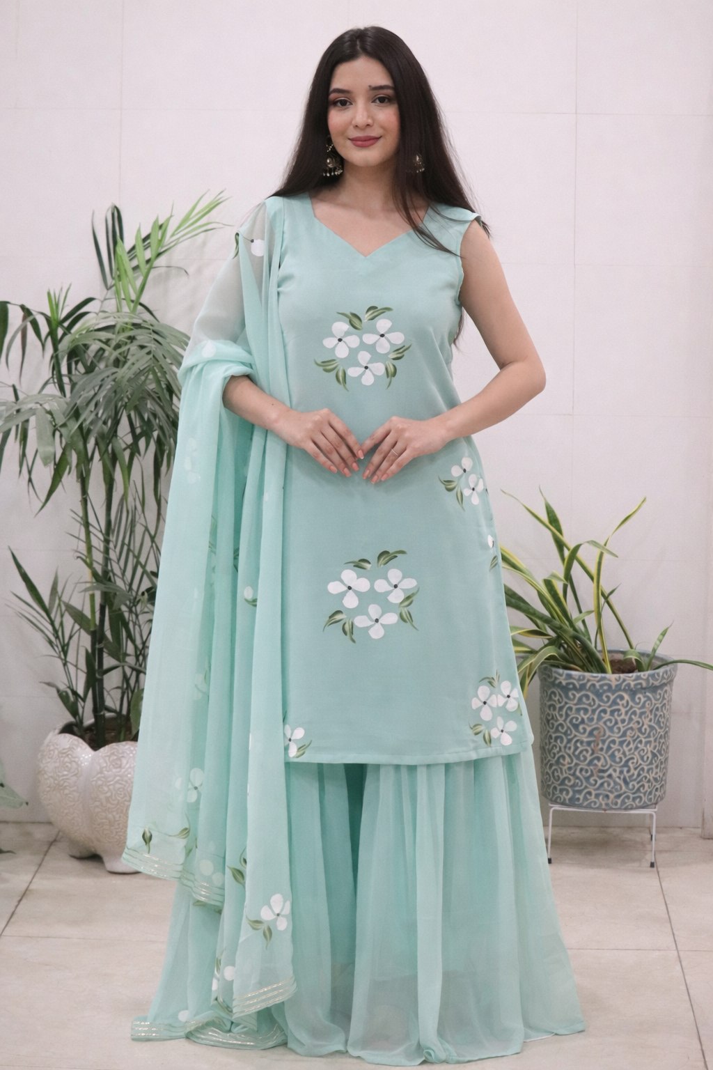Embellished Light Green Color Pure Georgette Handpainted Sharara Suit