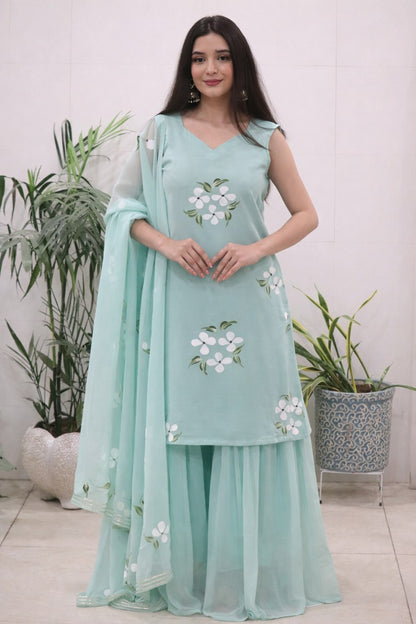 Embellished Light Green Color Pure Georgette Handpainted Sharara Suit