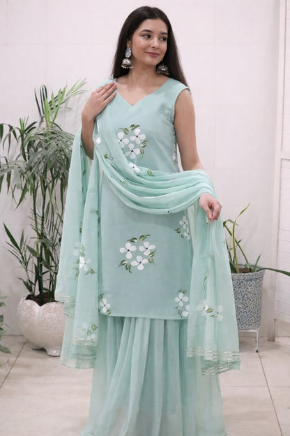 Embellished Light Green Color Pure Georgette Handpainted Sharara Suit