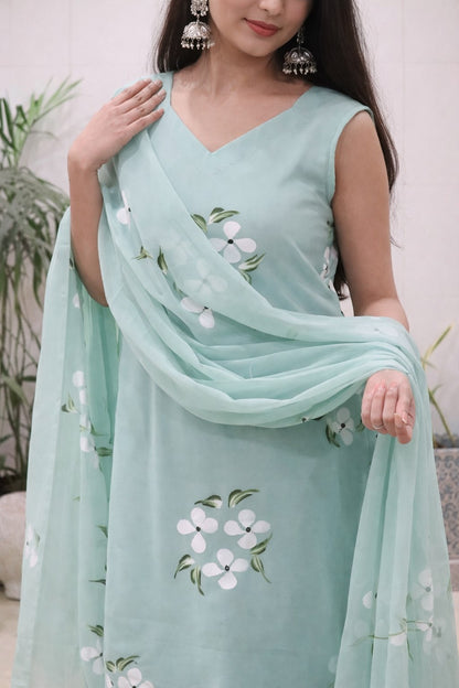 Embellished Light Green Color Pure Georgette Handpainted Sharara Suit