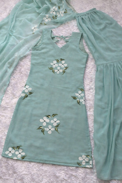 Embellished Light Green Color Pure Georgette Handpainted Sharara Suit