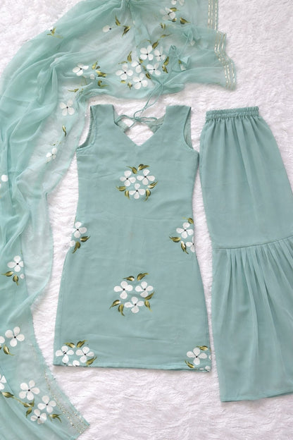 Embellished Light Green Color Pure Georgette Handpainted Sharara Suit