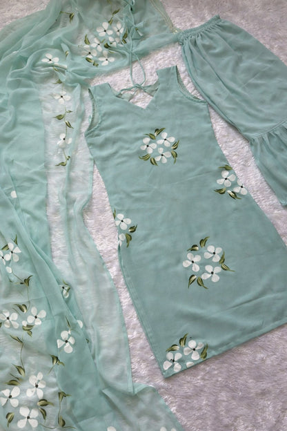 Embellished Light Green Color Pure Georgette Handpainted Sharara Suit