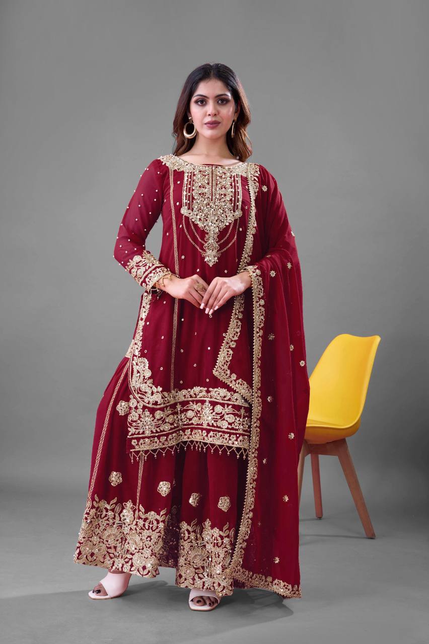 Festive Wear Maroon Color Rivet Moti Work Sharara Suit