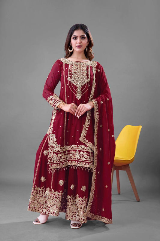 Festive Wear Maroon Color Rivet Moti Work Sharara Suit