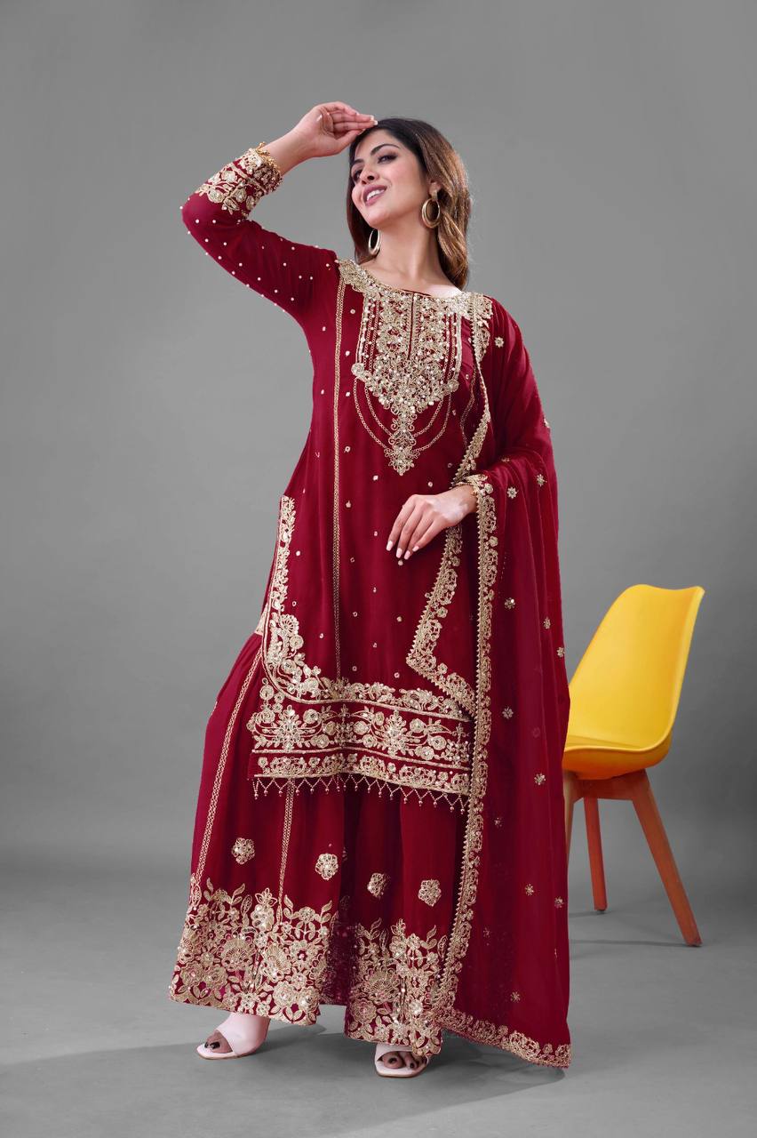 Festive Wear Maroon Color Rivet Moti Work Sharara Suit