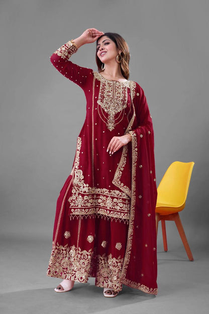 Festive Wear Maroon Color Rivet Moti Work Sharara Suit