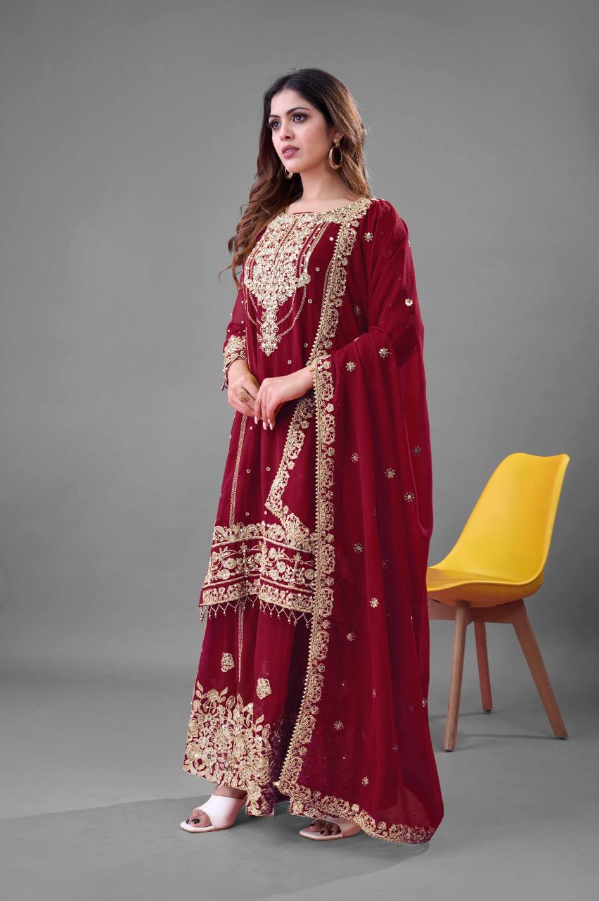 Festive Wear Maroon Color Rivet Moti Work Sharara Suit