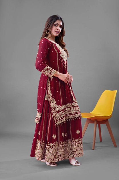 Festive Wear Maroon Color Rivet Moti Work Sharara Suit