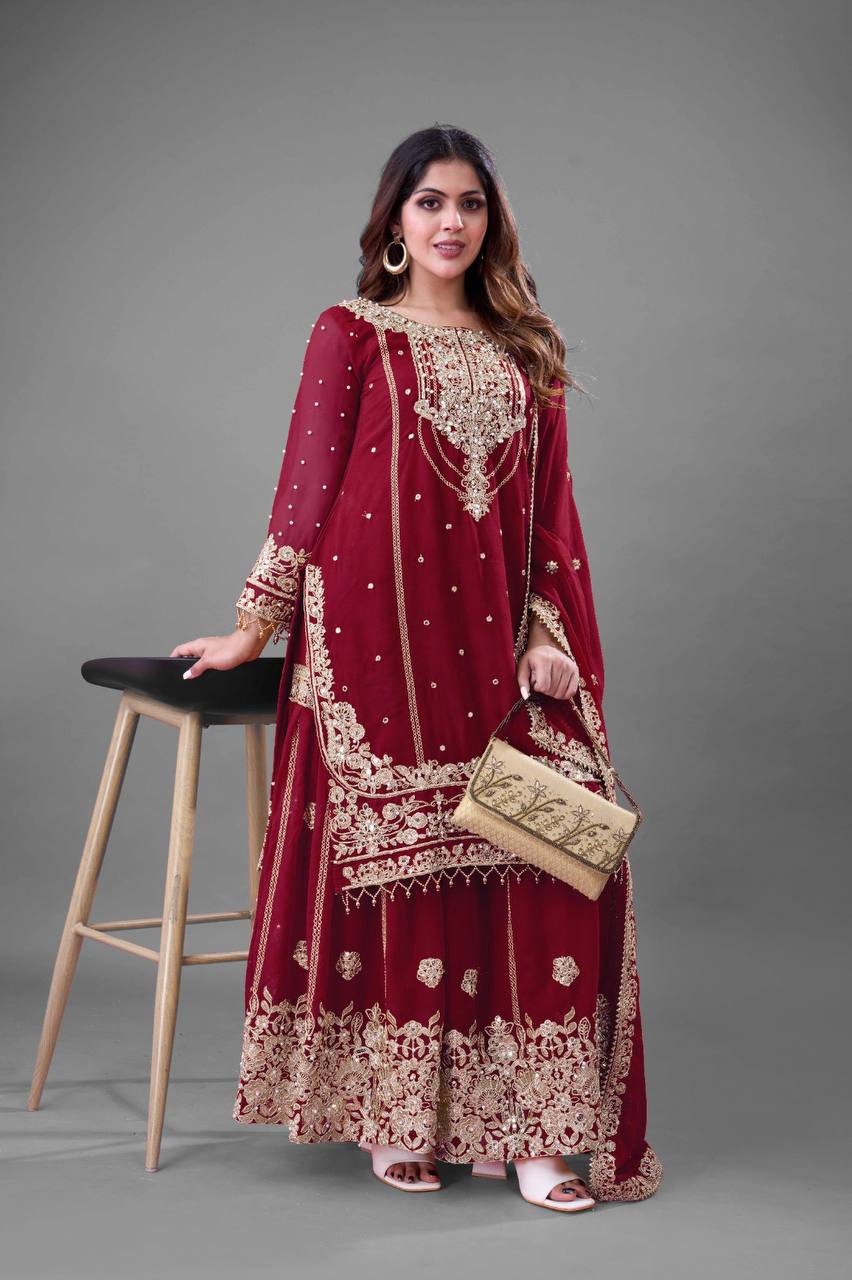 Festive Wear Maroon Color Rivet Moti Work Sharara Suit