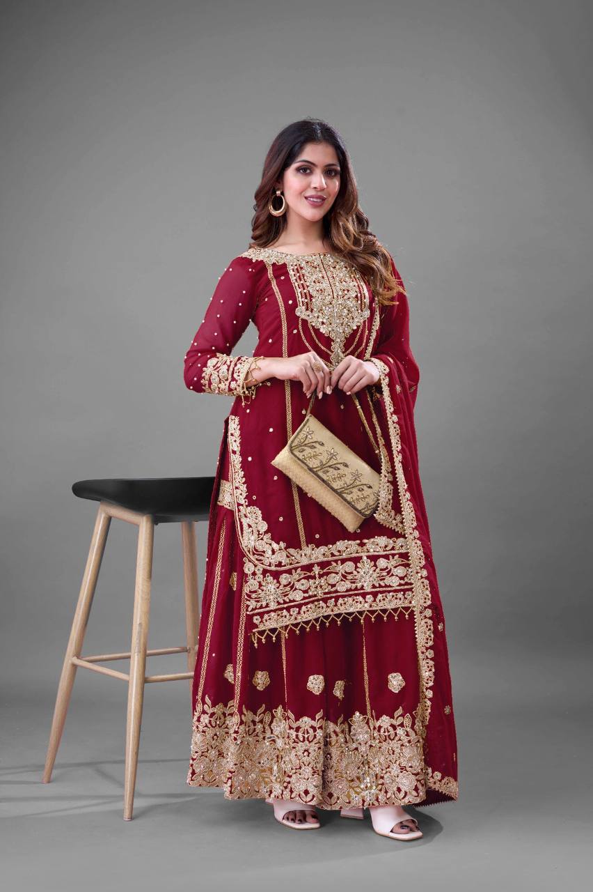 Festive Wear Maroon Color Rivet Moti Work Sharara Suit