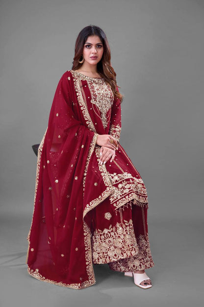 Festive Wear Maroon Color Rivet Moti Work Sharara Suit
