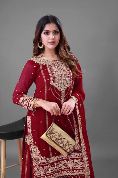 Festive Wear Maroon Color Rivet Moti Work Sharara Suit