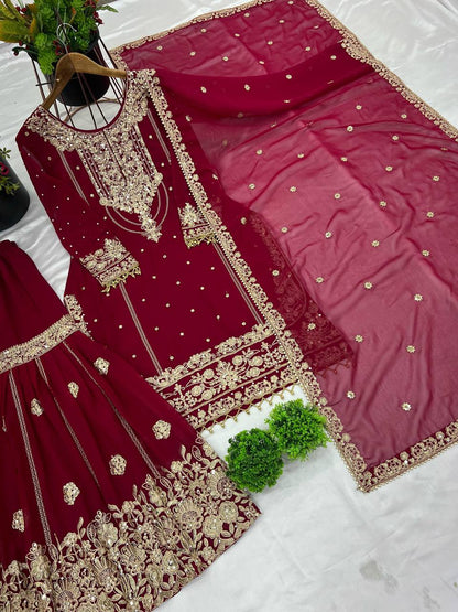 Festive Wear Maroon Color Rivet Moti Work Sharara Suit