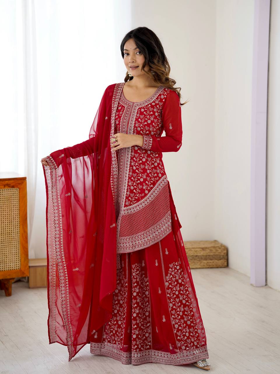 Arti Chauhan's Red Color Embroidered Top With Palazzo With Dupatta Set