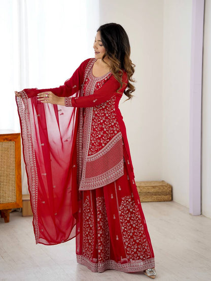 Arti Chauhan's Red Color Embroidered Top With Palazzo With Dupatta Set