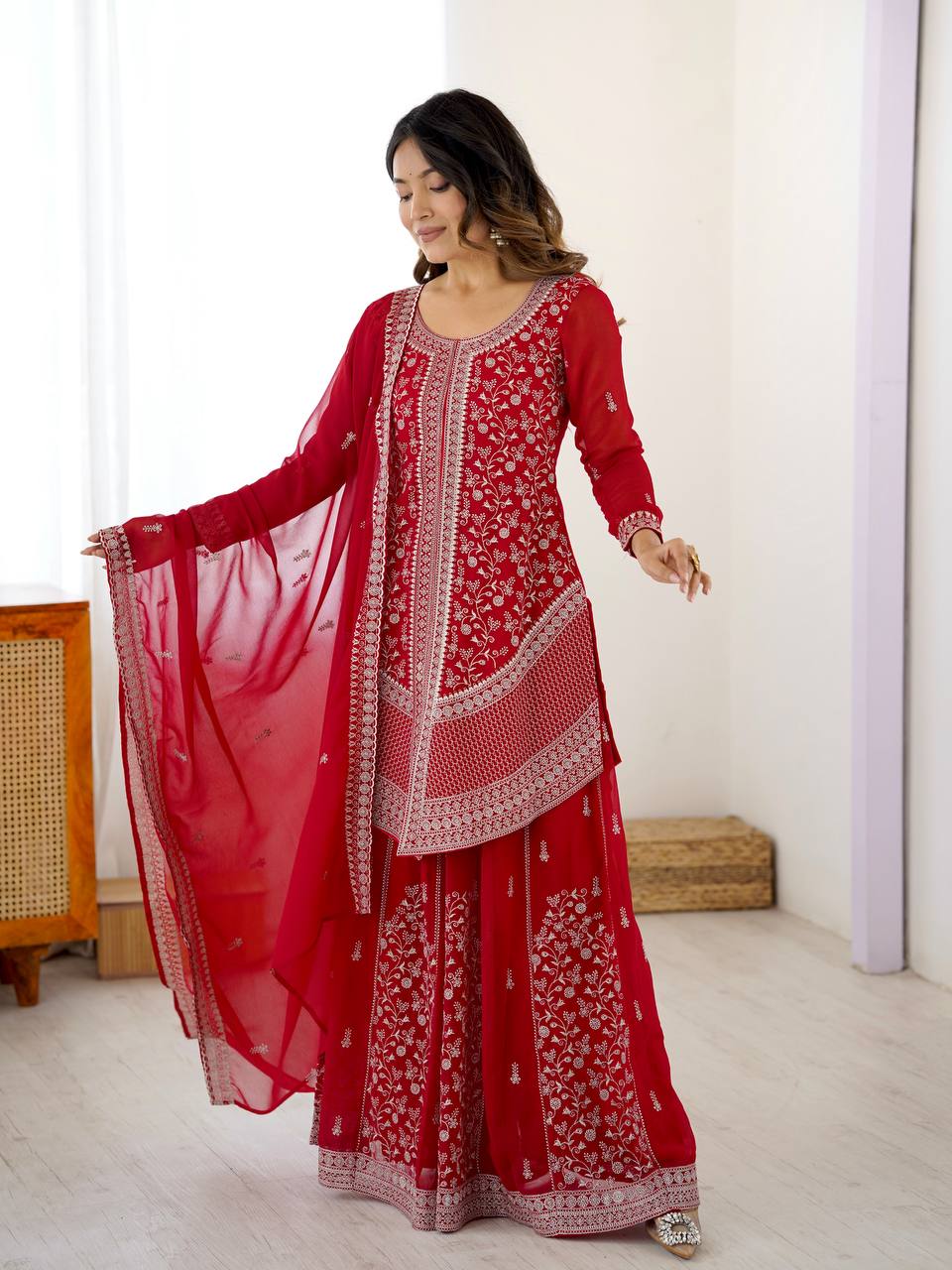 Arti Chauhan's Red Color Embroidered Top With Palazzo With Dupatta Set