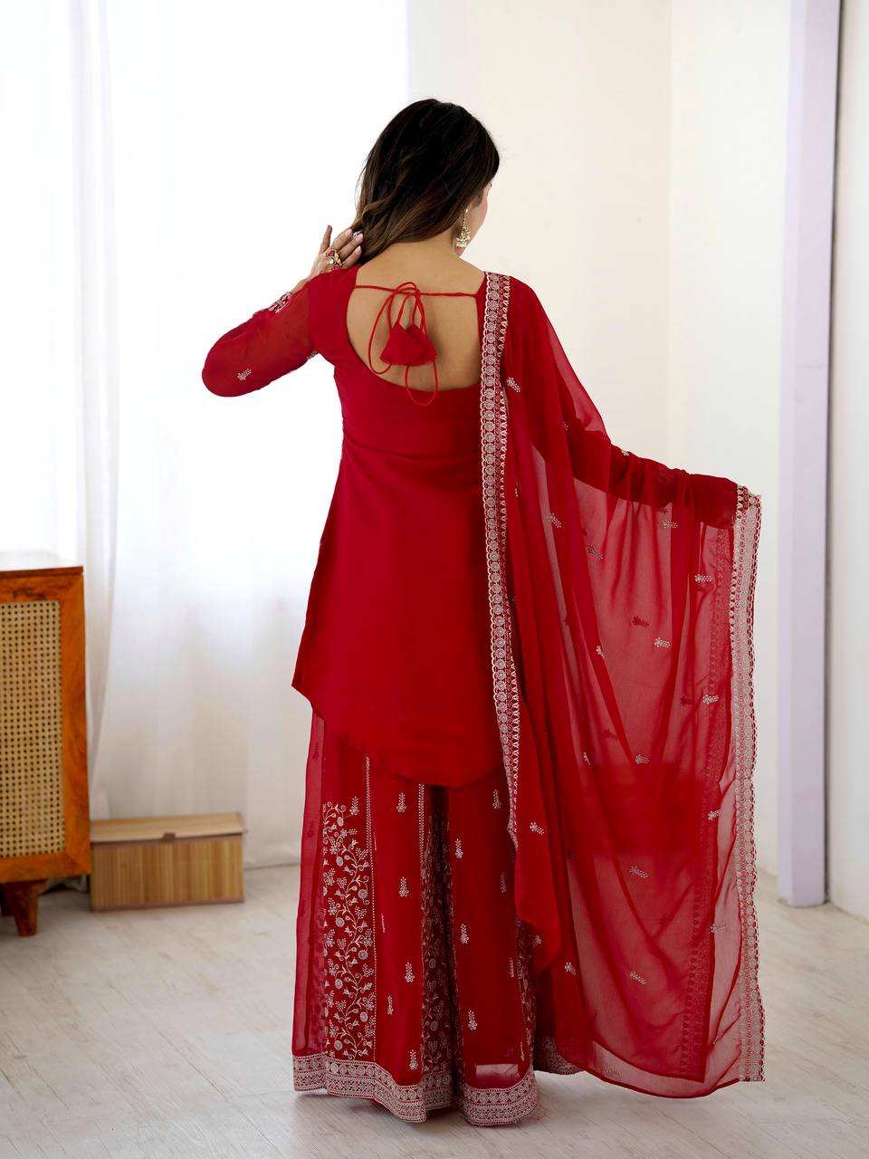 Arti Chauhan's Red Color Embroidered Top With Palazzo With Dupatta Set