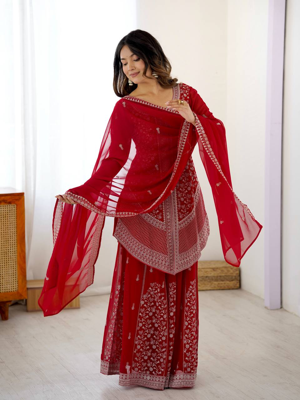 Arti Chauhan's Red Color Embroidered Top With Palazzo With Dupatta Set