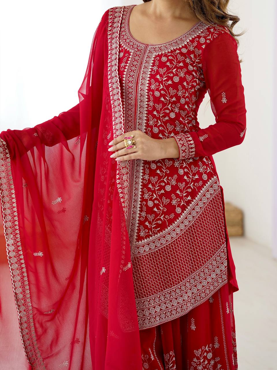 Arti Chauhan's Red Color Embroidered Top With Palazzo With Dupatta Set