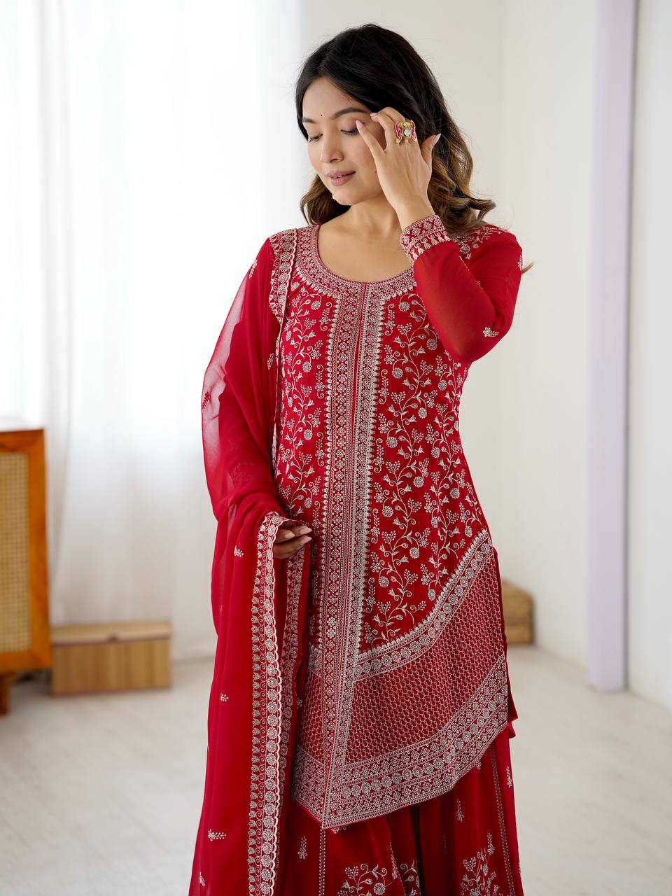 Arti Chauhan's Red Color Embroidered Top With Palazzo With Dupatta Set