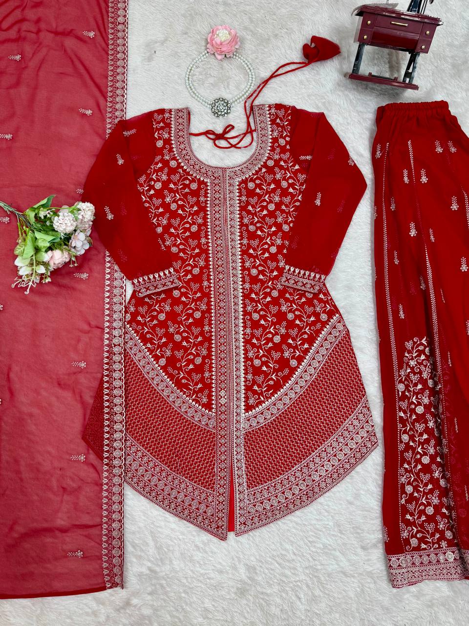 Arti Chauhan's Red Color Embroidered Top With Palazzo With Dupatta Set