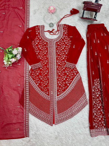 Arti Chauhan's Red Color Embroidered Top With Palazzo With Dupatta Set
