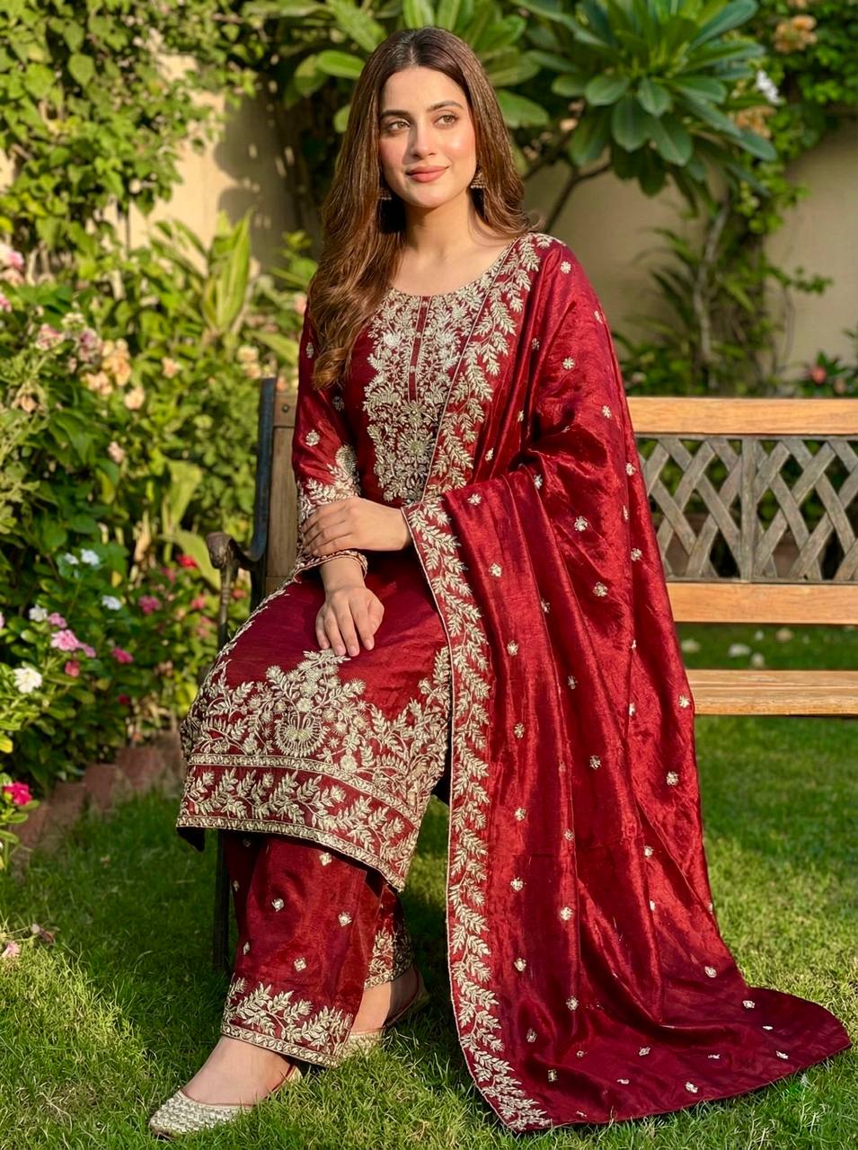 Wedding Wear Maroon Color Silk Embroidered Pakistani Salwar Suit