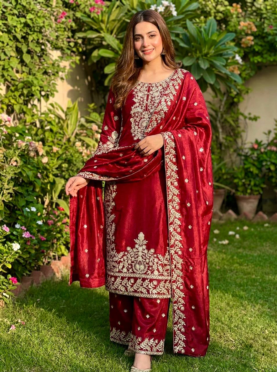 Wedding Wear Maroon Color Silk Embroidered Pakistani Salwar Suit